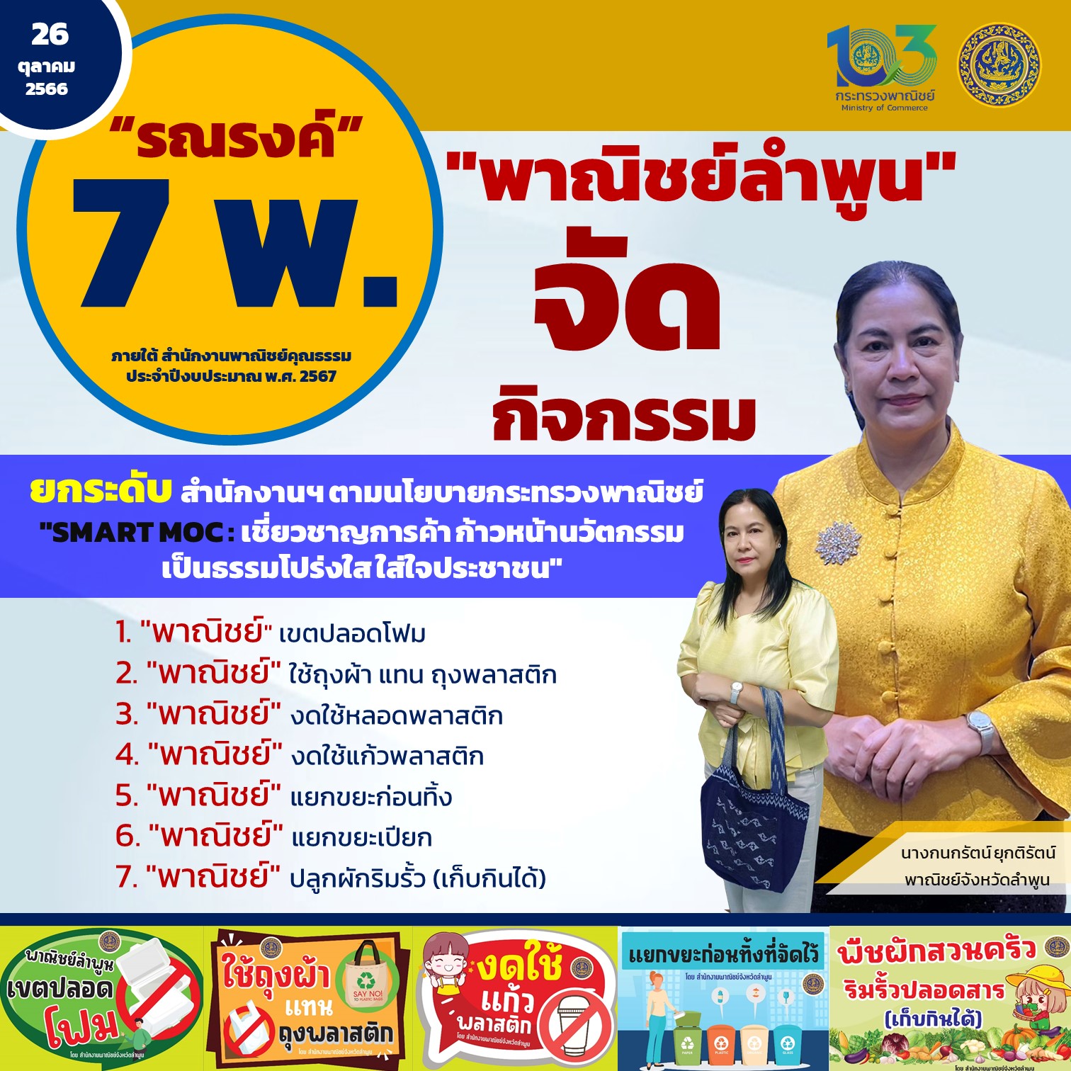 "พาณิชย์ลำพูน" จัดกิจกรรม "รณรงค์ 7 พ." ยกระดับ สำนักงานฯ ตามนโยบายกระทรวงพาณิชย์ "SMART MOC : เชี่ยวชาญการค้า ก้าวหน้านวัตกรรม เป็นธรรมโปร่งใส ใส่ใจประชาชน"